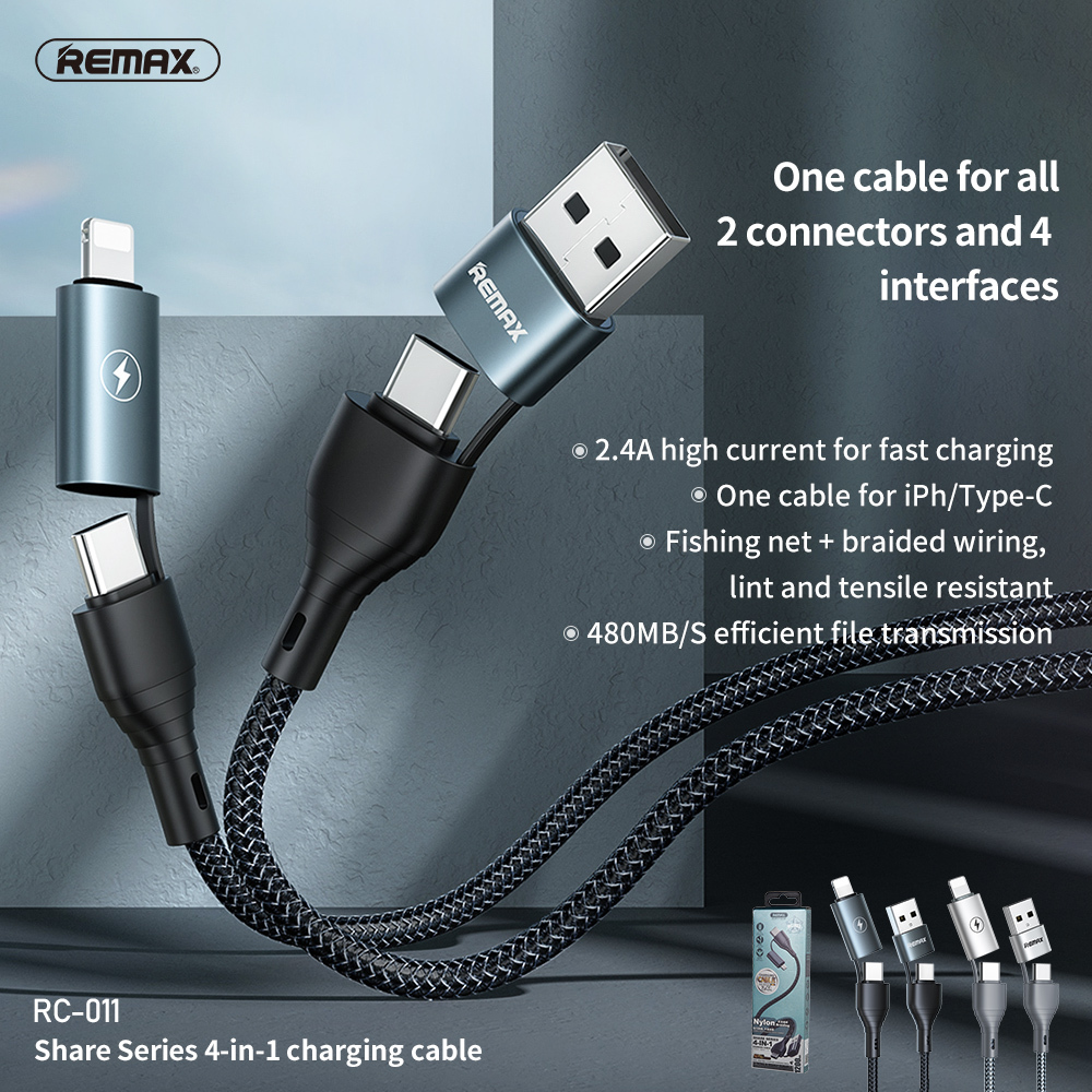 Phone cable REMAX 4 in 1 Lightning Micro USB Type-C 2.4A data cable Black