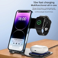 Pisen 3-in-1 Wireless Charging Station 15W Aluminum Alloy - Black, Non-Slip, Save & Faster Charger,Portable,LED Charging Status,
