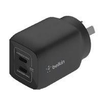 Belkin BoostCharge Pro Dual USB-C GaN Wall/Laptop Charger with PPS 65W - Black(WCH013auBK),1*USB-C(45-65W),1*USB-C(20-65W),Compa