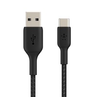 Belkin BoostCharge Braided USB-C to USB-A Cable (2m/6.6ft) - Black (CAB002BT2MBK), 12W, 480Mbps, 10,000+ bends tested, Double-Braided Nylon, 2YR.