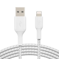 Belkin BoostCharge Braided Lightning to USB-A Cable (2m/6.6ft) - White(CAA002bt2MWH), 12W,480Mbps, 10,000+ bends tested, Enhanced Braided Nylon, 2YR.