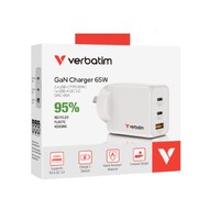 Verbatim 3 Port 65 Watt Portable GaN charger, 2 x USB-C PD 65w, 1x USB-A QC 3.0, GNC-65A Compact Design Apple, Android, Samsung, Google, Huawei, Oppo,